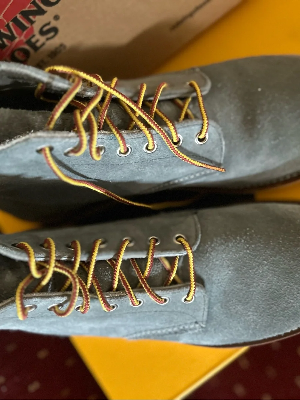 Red Wing Shoes Men's Suede Lace-Up Boots in Slate Blue with Yellow-Brown Laces